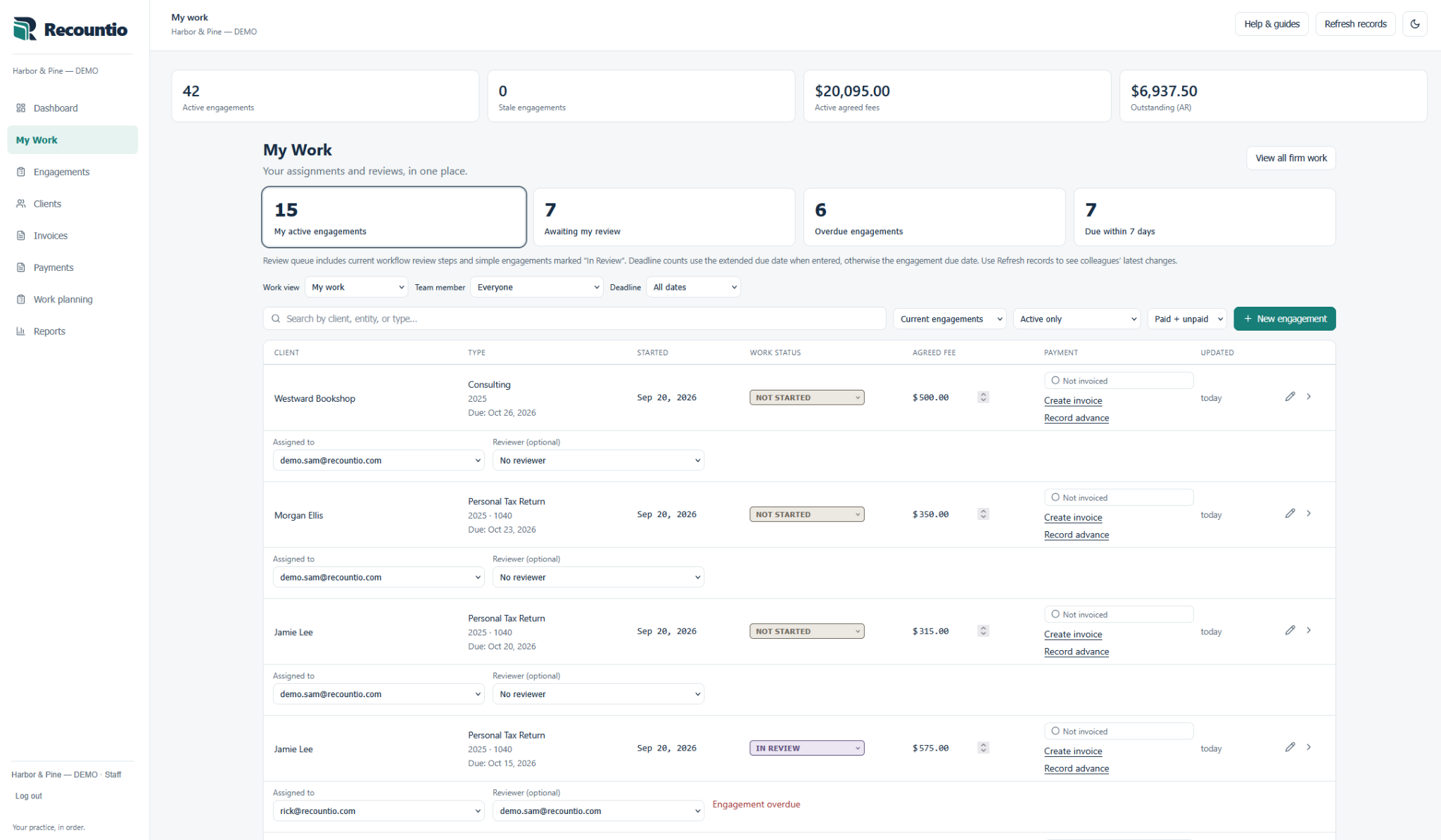 A staff member’s My Work screen showing active engagements, a review queue, overdue work and upcoming deadlines.